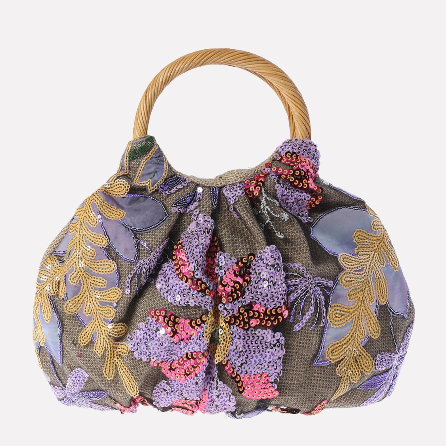 Leaf and Flower Design Handle Bag - Purple