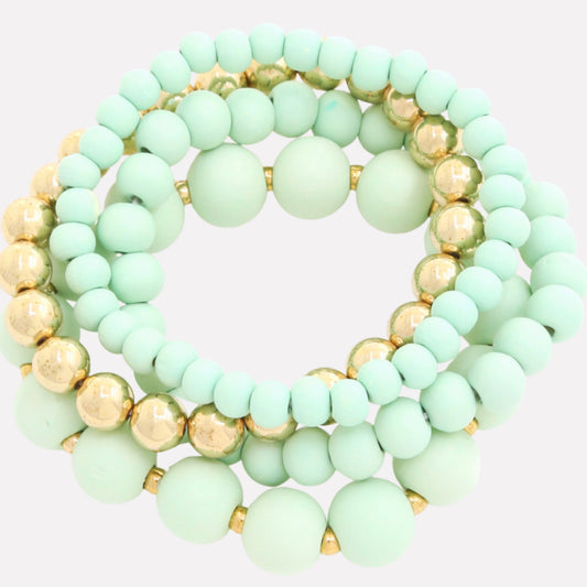 Metal Ball Beaded Bracelet Set - gold/mint