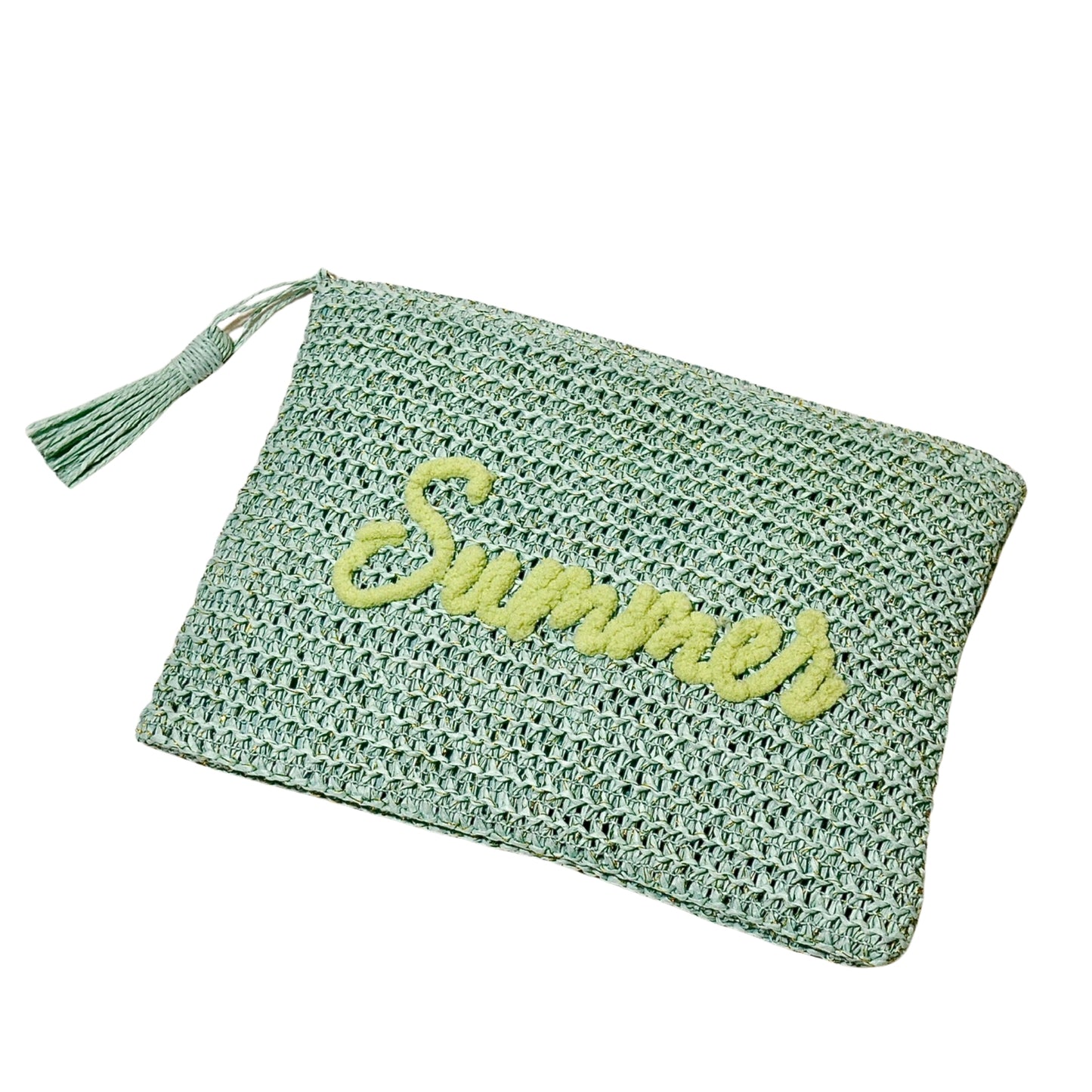 Woven Straw Pouch with Summer Embroidered - Mint