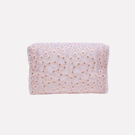 Floral Pattern Mesh Daisy Chain Cosmetic & Travel Organizer Pouch Bag - Pink