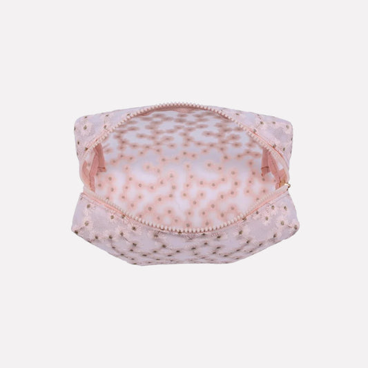 Floral Pattern Mesh Daisy Chain Cosmetic & Travel Organizer Pouch Bag - Pink