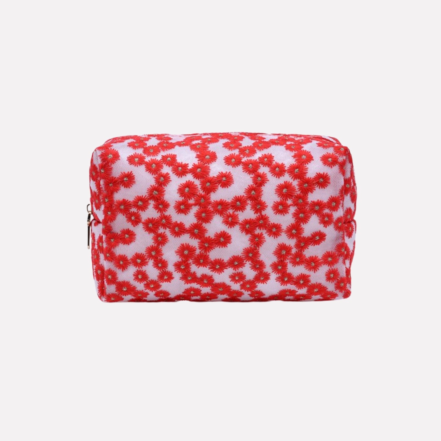 Floral Pattern Mesh Daisy Chain Cosmetic & Travel Organizer Pouch Bag - Red