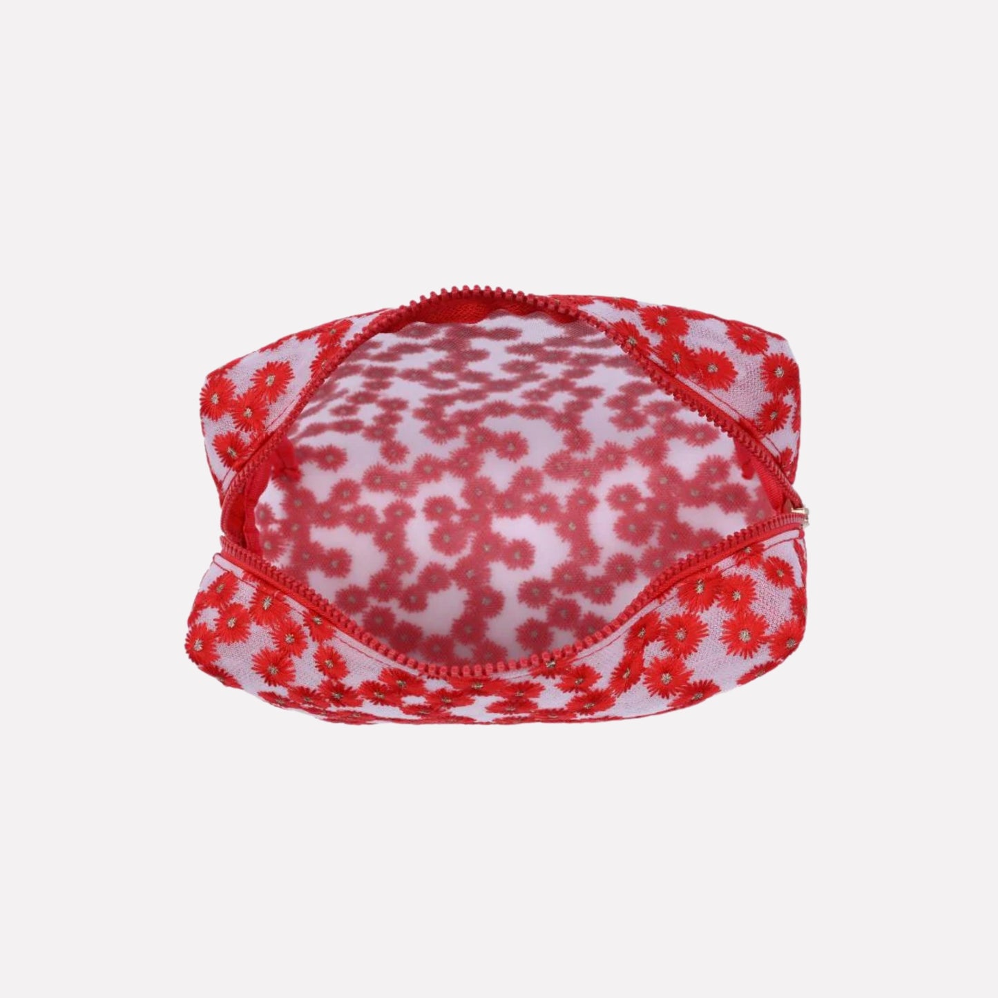 Floral Pattern Mesh Daisy Chain Cosmetic & Travel Organizer Pouch Bag - Red