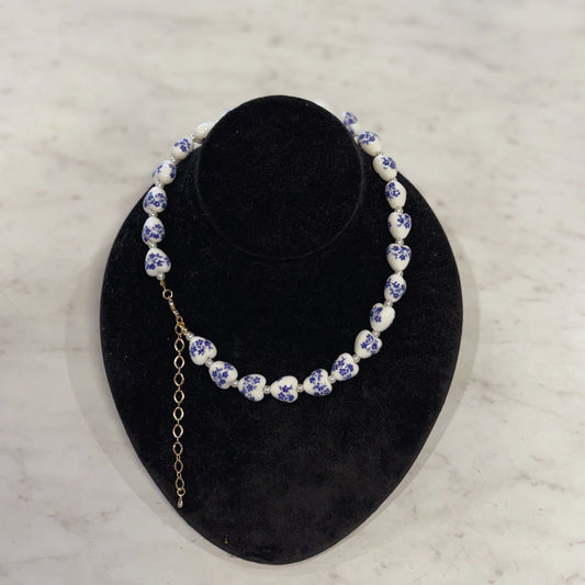 Heart Flower Porcelain Bead Short Necklace - Gold Blue