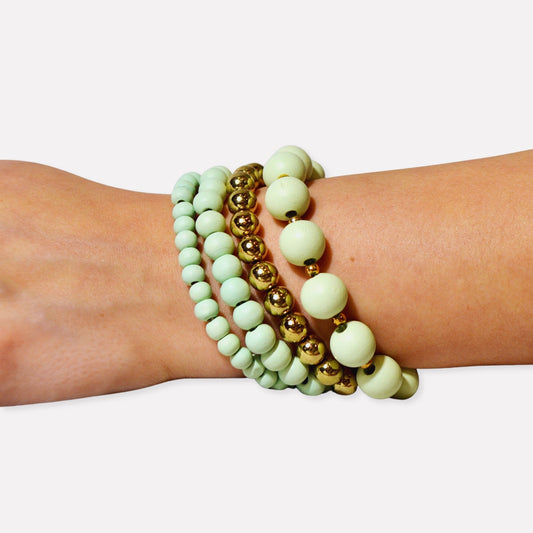Metal Ball Beaded Bracelet Set - gold/mint