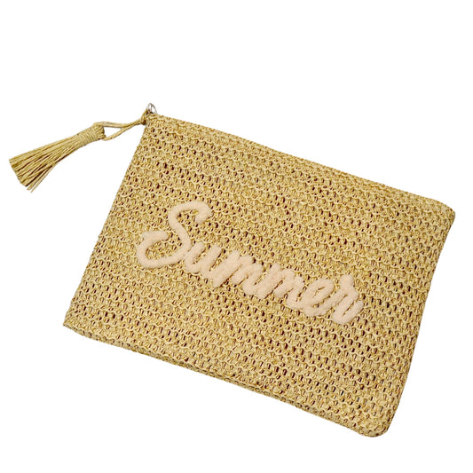Woven Straw Pouch with Summer Embroidered - Beige