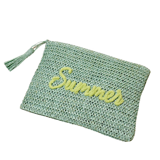 Woven Straw Pouch with Summer Embroidered - Mint